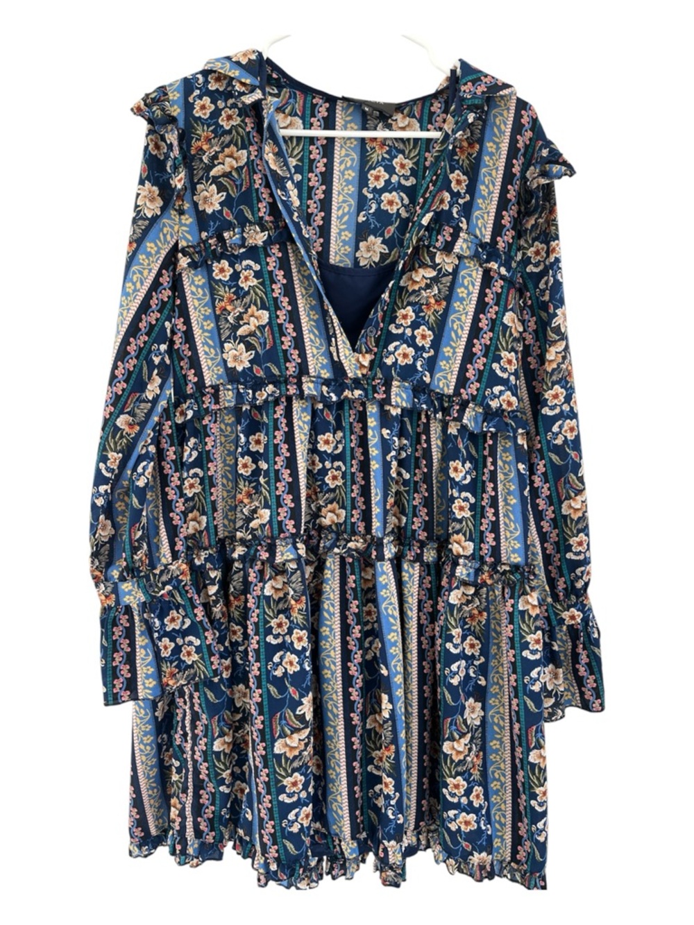 GRACIA TIERED RUFFLE FLORAL PRINT LONG SLEEVE MINI DRESS IN BLUE PINK SIZE M